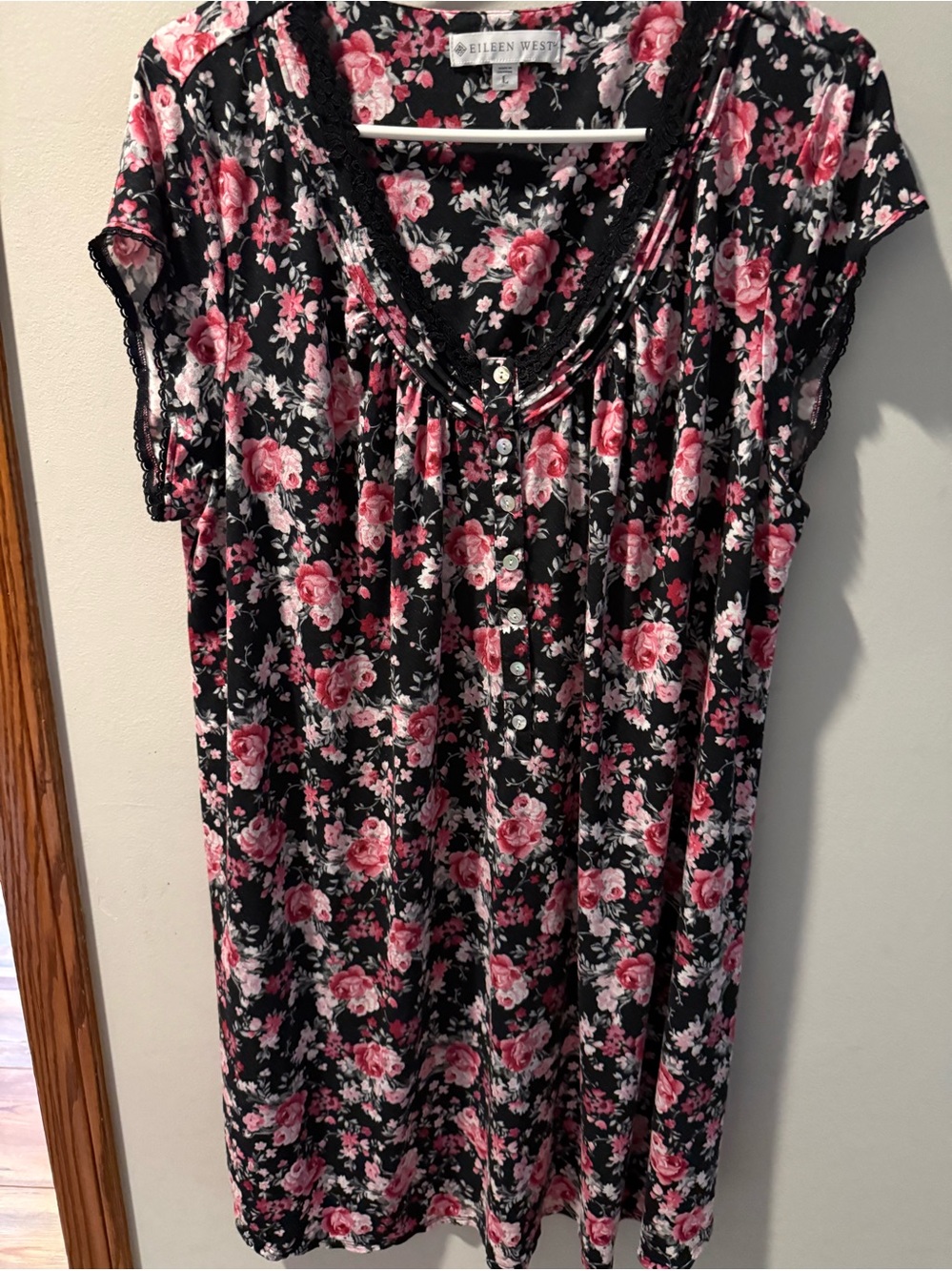 Eileen West Black Floral Button-Front Nightshirt - Pink Rose Print